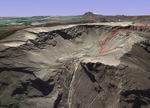 Вид на кратер вулкана Гуагуа Пичинча с юго-западной стороны с высоты 5000 метров. Картинка получена средствами 3D от Google Earth с наложением на неё точек и маршрута, снятого с GPS после похода